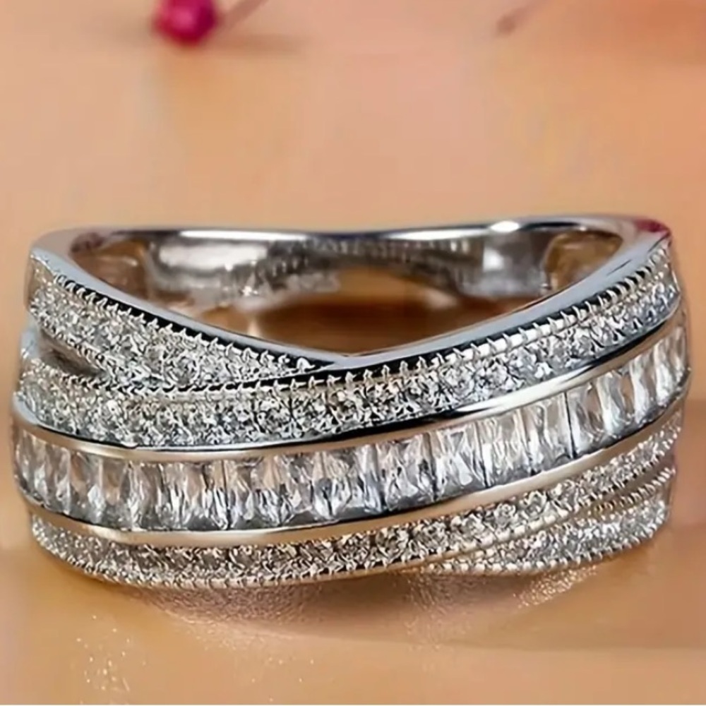 Baguette Cut Zirconia Large Silver Stainless Steel Criss Cross Cocktail Ring.